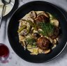 Meatball stroganoff with semolina and cornichons.