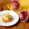 Pastry nests with poached pears, feta and saffron cream (left) and pomegranate and rose granita.