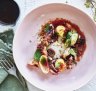 Grilled octopus with anchovy dressing, potatoes, onions and 'nduja oil.