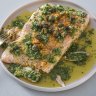 Roast salmon with lemony salsa verde and crispy capers.