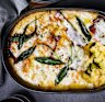One-tray cheesy baked polenta with pancetta and sage.