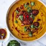 Roast pumpkin soup with chickpeas and merguez sausage.
