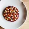 Beetroot pancake with trout roe and lemon curd.