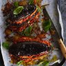 Baked eggplant layered with haloumi and  muhammara.