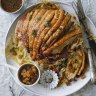 Adam Liaw's roast pork with mustard gravy and summer fruit chutney.