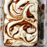 Banana tray cake with cream cheese icing and miso caramel.