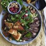 Grilled lamb salad with date paste, pomegranate and crunchy pita croutons.
