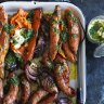 One-tray wonder: Baked sweet potato and sausages.