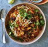 Karen Martini's stir-fried pork belly with bean thread vermicelli and udon noodles.