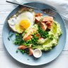 Ocean trout with green mash, peas and a fried egg.