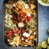 Beef taco rice with creamy, spicy avo dressing (top right).