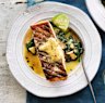 Neil Perry's barbecued salmon and wilted spinach with anchovy butter.