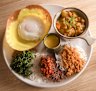 Hip Hopper: a brunchy tasting plate featuring an egg hopper, string hopper, curry (fish, chicken or veg) and condiments.