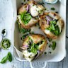 Baked potatoes with peas and pesto.
