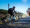 A cyclist on the final climb up the Muur van Geraardsbergen. 