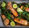 Miso, maple and ginger salmon traybake. 