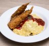 Omurice with tempura, tomato sauce and melted cheese.