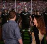 Facing the haka at the All Blacks Experience in Auckland, NZ.