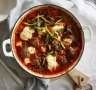 Baked Lebanese lamb meatballs with peas & labna
