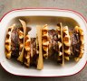 Waffles sandwiched with rum 'n' raisin 'n' rum ball ice-cream.
