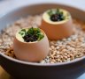 Snacks might include a soft-boiled egg with cream corn and caviar.