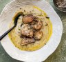 Carb on carb: Creamy potato soup topped with roasties and porcini salt.