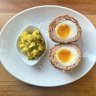 Scotch egg with a sausage mince of pork neck, bacon, sage and white pepper.