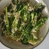 Roasted broccolini, caulini and kale with tahini butter and toasted sesame.