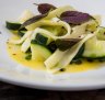 Fettuccine made from cheese: Mozzarella pasta, zucchini and black olive.