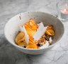 Mango, nectarine, blueberry, lemon myrtle, aquafaba meringue and macadamia.