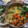 Turmeric roasted sweet potato, tomato and tamarind curry recipe. Four vegetarian and vegan curries for Good Food July 2018. Please credit Katrina Meynink.