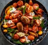 Three tomato salad with sunflower seed puree and whipped feta  