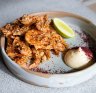 Crisp-fried Hawkesbury River School prawns with lemon myrtle, togarashi and Kewpie mayo. 