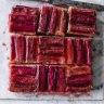 Helen Goh's upside-down cake decorated with alternating rhubarb stalk stripes.