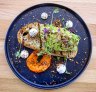 Avo dish No.1: 'Crushed' avocado with piped curd and piquillo pepper paste.