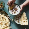 Abdoogh khiar (chilled yoghurt and cucumber soup) and noon lavash (Persian flatbread).