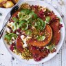Roasted pumpkin and farro salad with tomato and feta vinaigrette.