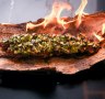 Kangaroo skewers with Vegemite glaze, macadamia satay and avocado smash.