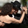 Tango dancers perform in commemoration of Tango Day in downtown Montevideo, 