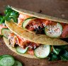 Salmon and kimchi tacos