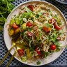 Vietnamese tomato salad with poached chicken and crispy vermicelli.