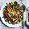 Roast carrot and lentil salad with crispy garlic.