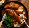 Comfort food classic: Bangers and mash with a rich onion gravy.