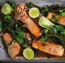 Miso-ginger salmon traybake.