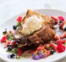 French toast sandwiched with strawberry cheesecake served with toasted coconut ice-cream.