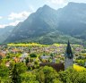 Balzers village with saint Nicholas church in Liechtenstein.