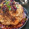 Slow-roasted spiced cauliflower with romesco and herbs. Vegetarian Christmas recipes for Good Food, November 2019. Images and recipes byÂ KatrinaÂ Meynink. Good Food use only.