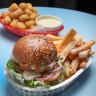 Burger and chips, plus potato gems.
