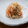 Tomato spaghetto with crab and macadamia.
