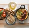 The big Lebanese breakfast with scrambled eggs, sausage, halloumi and more.